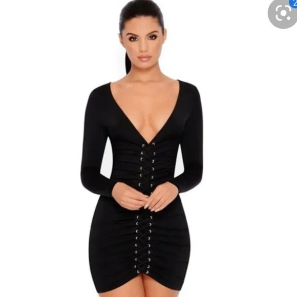 Oh Polly | Dresses | Oh Polly Black Long Sleeve Lace Up Dress | Poshmark